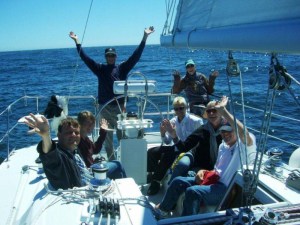 Group of people on a sailing boat on the bay