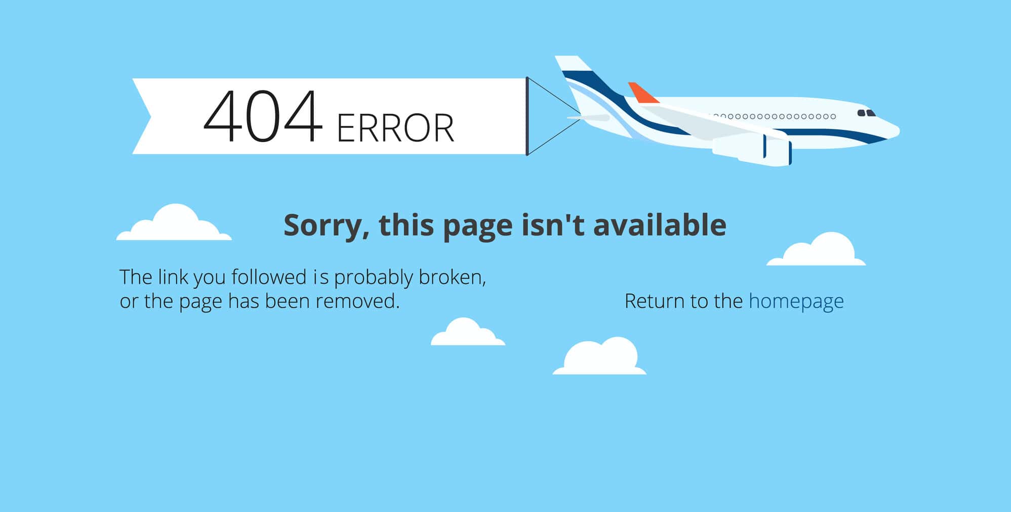 Flat airplane with 404 error notification on white banner